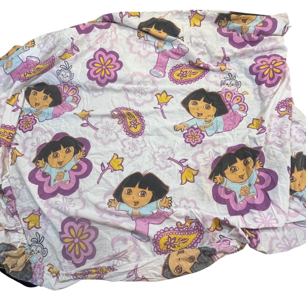 Vintage 2006‎ Dora the Explorer Twin Fitted Sheet Nick Jr Purple Pink Floral